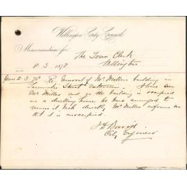 Memos to Town Clerk re removal of Mr Miller's building, Taranaki Street extension; steps and handrail, Douglas Wallace Street; Taranaki Street drain; bridge Duppa Street; drain Molesworth Street -J Baird, City Engineer