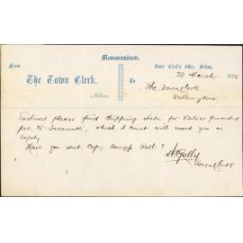 Re shipping note for valves per Taranaki - Town Clerk, Nelson
