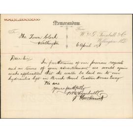 Memo to Town Clerk re laying water to hydraulic lift in brick bond Customhouse Quay - W and G Turnbull and Co