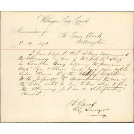 Memo to Town Clerk re chimney, Mr Robert's shop, Lambton Quay - J Baird, City Surveyor