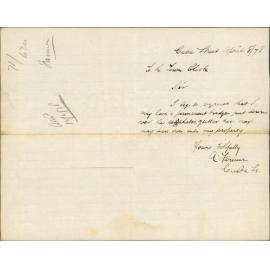 Re asking for bridge to be put down over asphalte gutter to his property, Cuba Street - A Farmer