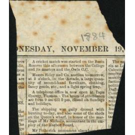 Newspaper clipping, paragraph related to the marriage of Mr Nicholls, 19 November 1884