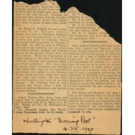 Newspaper clipping regarding the appointment of Henry [Harry] E Nicholls as the new acting secretary of Wellington Harbour Board, 4 December 1907