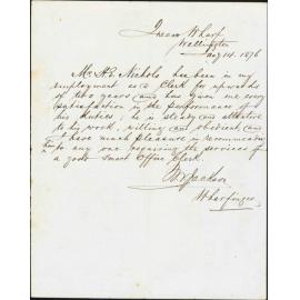 Letter from W V Jackson, Wharfinger at Queens Wharf, recommending H E Nicholls for the position of Office Clerk, 14 January 1876