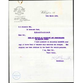 Deed of Release as Secretary and Commissioner of Sinking Funds for Harry Edgar Nicholls