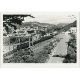 Train passing through Ngaio Railway Station, view from Collingwood Street