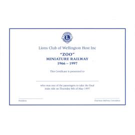 Zoo Miniature Railway, 1966-1997, certificate for passengers of final train ride 8 May 1997